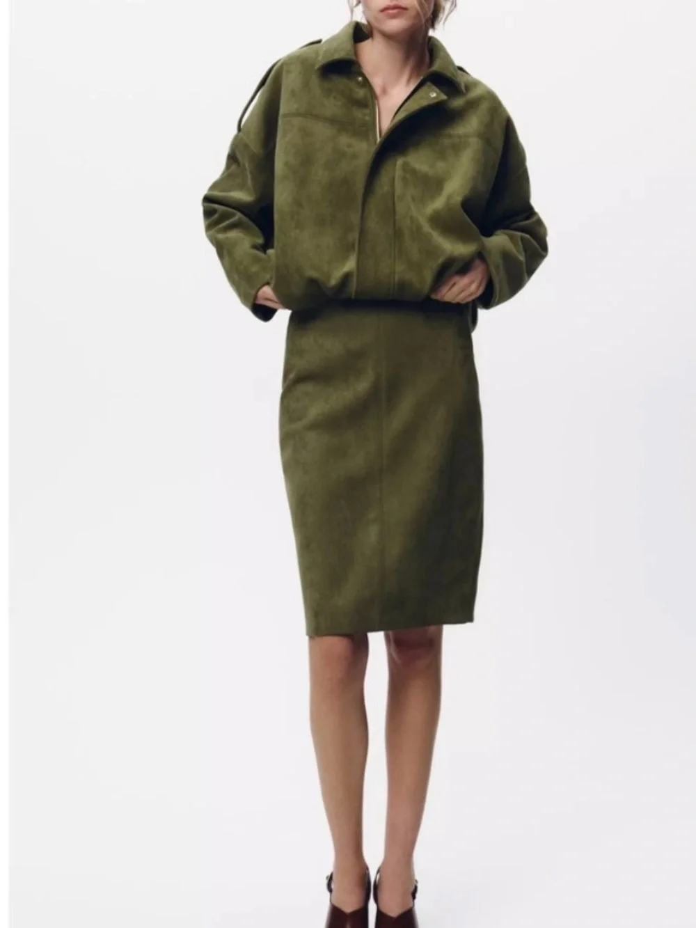 Zara Olive Green faux Suede bomber Jacket - Picture 2 of 10
